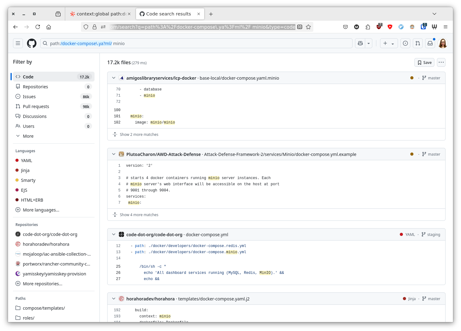 Search for Docker Compose files with "minio" in the title or content on GitHub