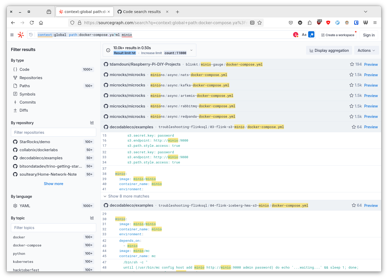 Search for Docker Compose files with "minio" in the title or content on Sourcegraph